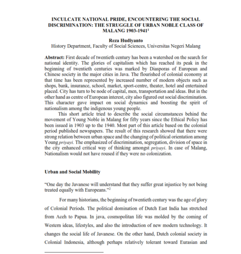 INCULCATE NATIONAL PRIDE, ENCOUNTERING THE SOCIAL DISCRIMINATION: THE STRUGGLE OF URBAN NOBLE CLASS OF MALANG 1903-1941